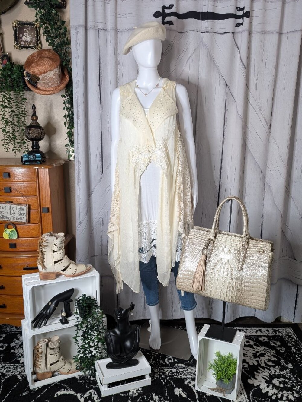 PRETTY ANGEL Silk Blend Ivory Mixed Media Duster w/Fringe & Crystals LARGE NWT